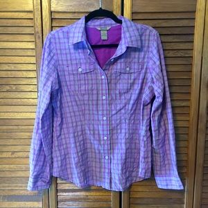 Duluth Trading Co women’s light weight button down top size S in purple plaid